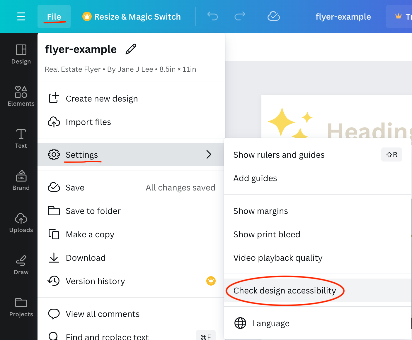 Canva File menu highlighting the Settings and Check design accessibility options